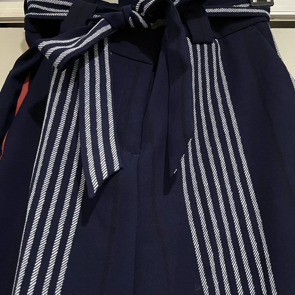 Express - Striped Navy Slack Pants with Belt - Picture 3 of 4